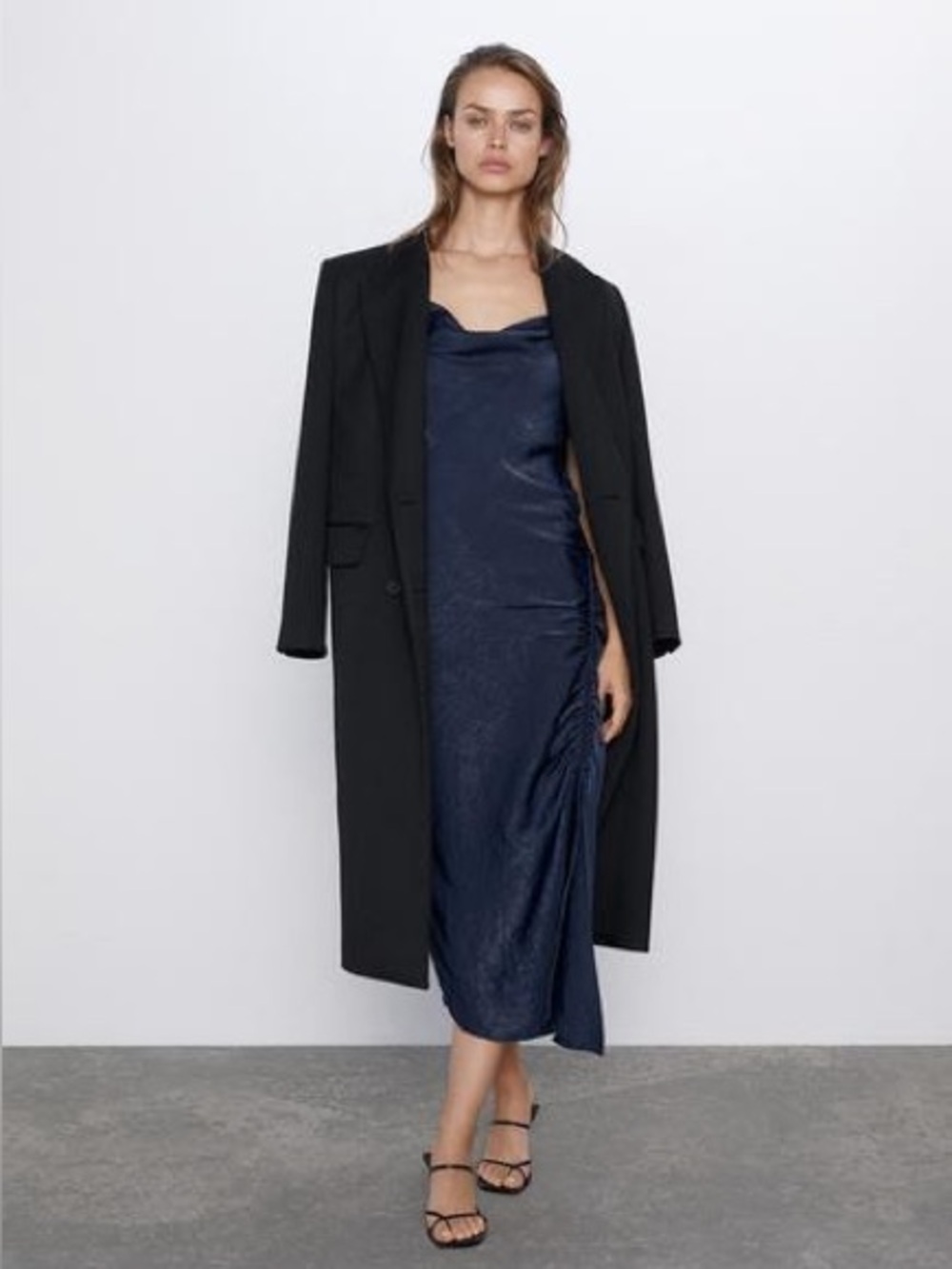 Zara ruched cowl neck slip dress in navy blue US M
